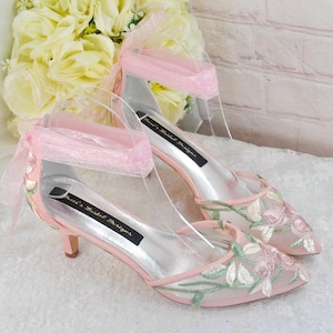 Pink Satin Kitten Heel Shoes: Sage Green Floral Embroidery