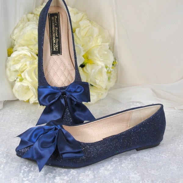 Beautiful Navy Blue Flat Wedding Shoes, Rock Glitter Pointy Toe Flats, Oversized Satin Bow, Bridesmaid Shoes, Something Blue, Bridal Shoe
