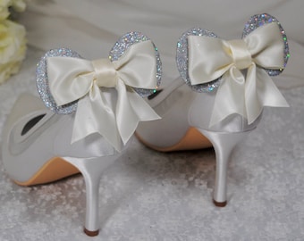 Bridal Shoe Clips - Personalised Disney Ear Inspired Accessories for Heels - Finest Berisford Satin with Glitter Mickey Ears