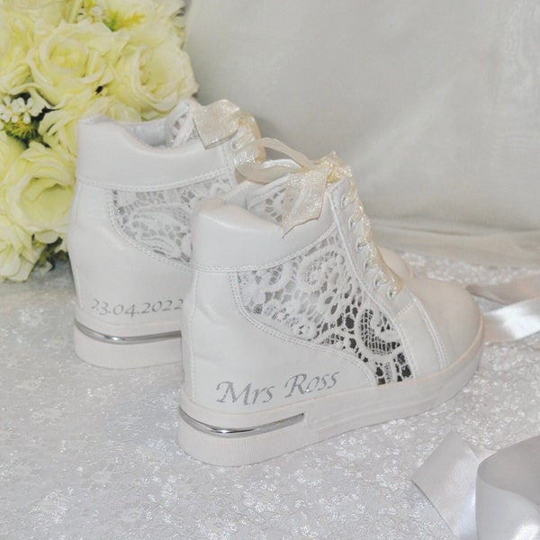 Hochzeitsschuhe, Spitzen-Hochzeits-Wedge-Sneaker, bequeme Sneakers für die Braut, Brautjungfer, bequeme Brautpumps