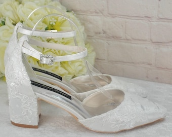 Ivory Wedding Sandals Block Heels Bridal Shoes for Bride, Bridesmaids with Lace Shoe