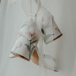 Ivory Satin Bridal Sandals: Floral Embroidered Block Heel Wedding Shoes