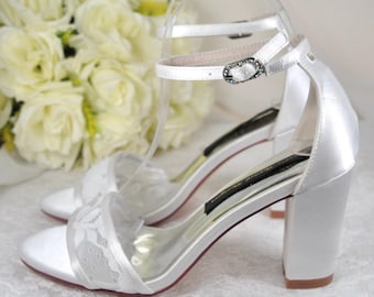 Satin Block Heel Bridal Shoes: Lace Detail Wedding Sandals