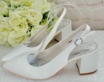 Satin Block Heel Sling Backs: Classic White Ivory Bridal Sandals