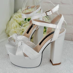 5 Inch Open Toe Platform Block Heel Sandals: Bridal White Satin Heels