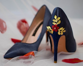 Beautiful 'Something Blue' Wedding Shoes with 'Cherry Blossom', Embellished Bridal Shoes, Wedding Heels for Bride, Navy Blue Bridesmaid Shoe