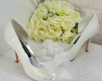 D'Orsay Wedding Heels with Bow, Ivory Shimmer Bridal Shoes