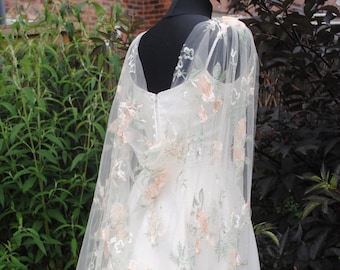 Champagne Wedding Cape, Floral Bridal Drape Cape Veil with Flowers