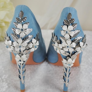 Handmade Blue Suede Heels: Silver Floral Bridal Pumps UK7/US9.5