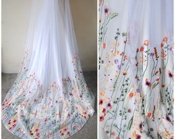 IN STOCK - 250cm Beautiful chapel white wedding veil bright embroidered flowers floral wedding veil bridal veil with exquisitel embroidery