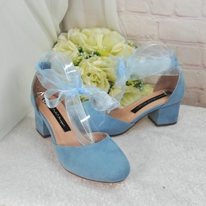 Blue Suede Low Heel Bridal Sandals, Wedding Shoes with Ankle Strap, Bridal Shoes with Block Heel