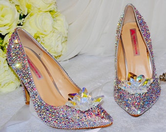 Zapato nupcial Cenicienta, hecho a mano, tacones de boda personalizados, bombas de cristal Swarovski, zapatillas de cristal, tacones de princesa, zapatos para novia