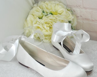 Bridal White Satin Flats: Wedding Flat Shoes with Ankle Strap