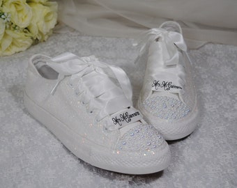 Beautiful White Glitter Bridal Shoes - Flat Wedding Trainers / Sneakers