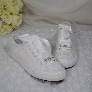 Beautiful White Glitter Bridal Shoes - Flat Wedding Trainers / Sneakers