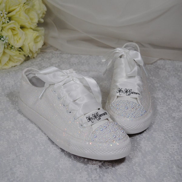 Beautiful White Glitter Bridal Shoes - Flat Wedding Trainers / Sneakers