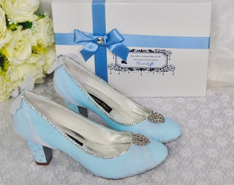 Stunning Custom Cinderella Wedding Shoes, Blue Princess Bridal Shoes, Comfortable Block Heel Shoes