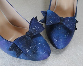 Out of This World Galaxy Shoe Clips - Hand Painted Bows for Shoes Heels Wedding Days Bridal Accessories Celestial Star Blue