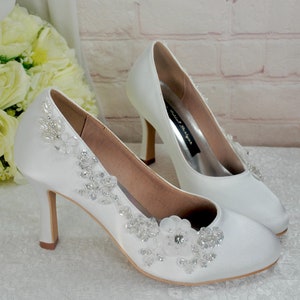 White Satin Bridal Pumps with Floral Beading Wedding Shoes with Round Toe and 3 inch heel