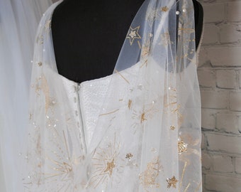 Wedding Cape - Bridal Drape Cape, Hooded Cape or Veil, Celestial Moon and Star with Pearls, Up to Cathedral Length Cape