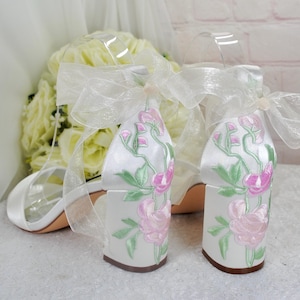 Ivory Satin Bridal Sandals with Pastel Floral Embroidery, Wedding Shoes with Ankle Strap, Bridal Shoes with Block Heel