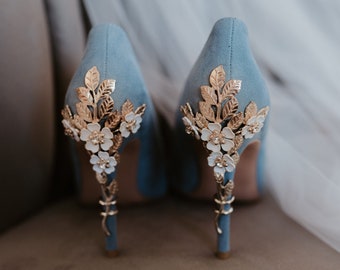 Zapatos de novia de ante azul con 'flor de cerezo', zapatos de novia adornados, tacones de boda para novia