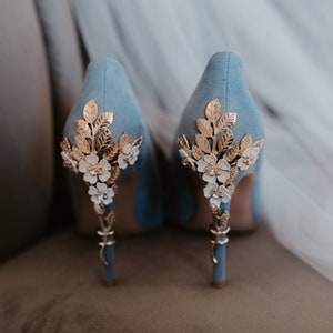 Blue Suede Wedding Shoes with 'Cherry Blossom', Embellished Bridal Shoes, Wedding Heels for Bride