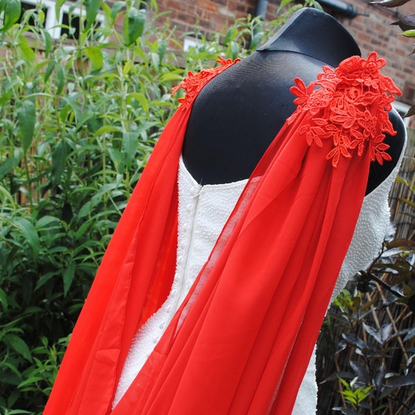 IN STOCK Wedding Cape - Chiffon Bridal Cloak with Lace - Red | 200cm Alternative Wedding Veil Floor Length Winter Wedding