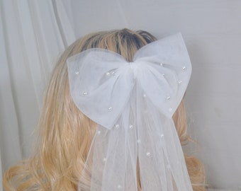 Beautiful Pearl Bride Hair Bow, Tulle Bow, Veil Alternative For Wedding, Hen Party, Bridal Shower, Bridal Hair Bow Accessory Accessories