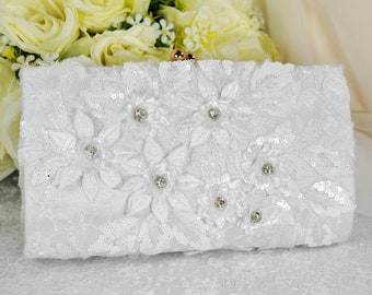 Beautiful Lace Embroidered Wedding Clutch Bag, White Floral Purse, Bride to be Bag