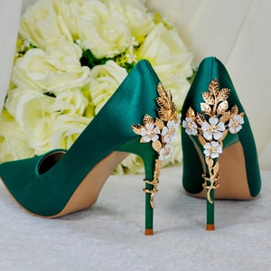 Green Satin Bridal Shoes with Gold  'Cherry Blossom' Embellished Wedding Heels, Shoes for Bride, Special Occassion Pumps Size UK5/US7.5/EU38