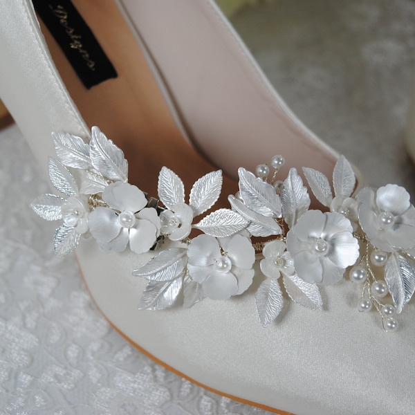 Beaux clips de chaussures de mariée - Accessoire de chaussure de mariage floral élégant, argent, or ou or rose, grande broche en métal pour chaussures