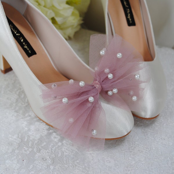 Shoe Bow Clips - Pearl Tulle Bridal Bow, Brooch for Shoes Heels Pumps Handmade Wedding Accessory, Tulle Bow, Ivory Pink