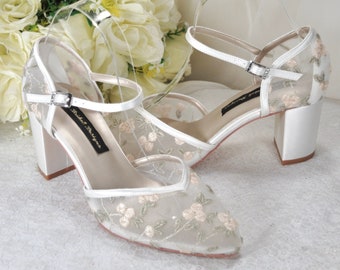 Hand Embroidered Floral Bridal Sandals, Block Heel Shoes for Bride, Women's Wedding Shoes, Size UK6/EU39/US8.5