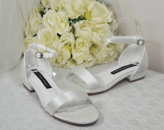 Ivory Satin Flat Summer Sandals Beach Wedding Bridal Shoes with Ankle Strap