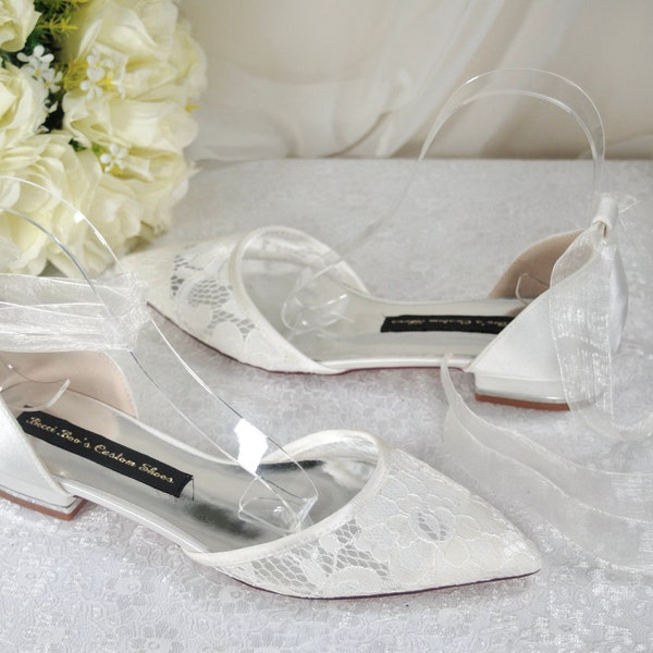 Ivory Lace Pointy Toe Flats - Bridesmaid Shoes, Women Wedding Shoes, Bridal Shoes, Choice of Ankle Strap