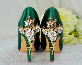 Cherry Blossom -  Emerald Green Satin Bridal Wedding Round Toe Shoes Heels Bridesmaid He Do Engagement Party Shimmer Heel