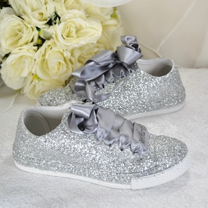 Personalised Wedding Trainers, Silver Glitter Wedding Shoes, Flat Bridal Pumps