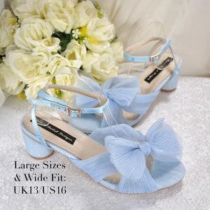 Blue Wedding Sandals Block Heels, White Bridal Shoes, Wedding Heels for Bride, Bridesmaids Shoes with Bow, Wide Fit Shoes and Large Sizes