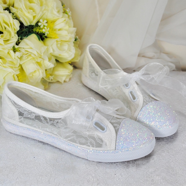 Beautiful Lace White Glitter Bridal Shoes - Flat Wedding Trainers / Sneakers - Size UK6/EU39/US8.5