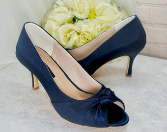 Navy Blue Satin Shoes, Peep Toe 3 inch heels, Comfortable Occassion Shoes for Mother of the Bride Groom Bridesmaid Prom Party Engagement