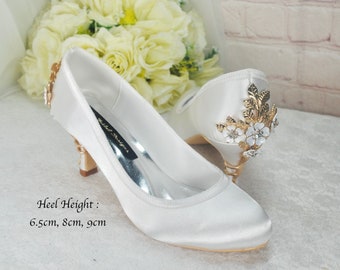 White Satin Wedding Shoes: Round Toe Bridal Heels with Cherry Blossom