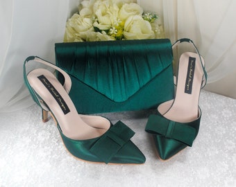 Emerald Green Satin Slingback WEDDING SHOES, Low Heel Bridal Shoes, Sling Back Heels, Shoes for Bride, Womens Shoes, Hen Do Party Engagement