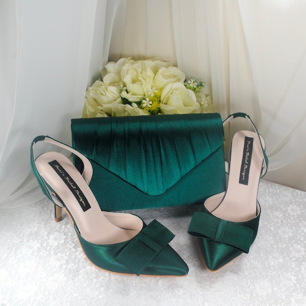 Emerald Green Satin Slingback WEDDING SHOES, Low Heel Bridal Shoes, Sling Back Heels, Shoes for Bride, Womens Shoes, Hen Do Party Engagement