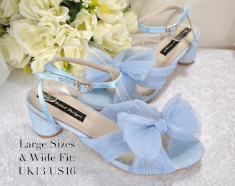 Blue Wedding Sandals Block Heels, White Bridal Shoes, Wedding Heels for Bride, Bridesmaids Shoes with Bow, Wide Fit Shoes and Large Sizes