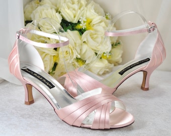 Handmade Blush Pink Satin Bridal Sandals: Kitten Heel Peep Toe Shoes