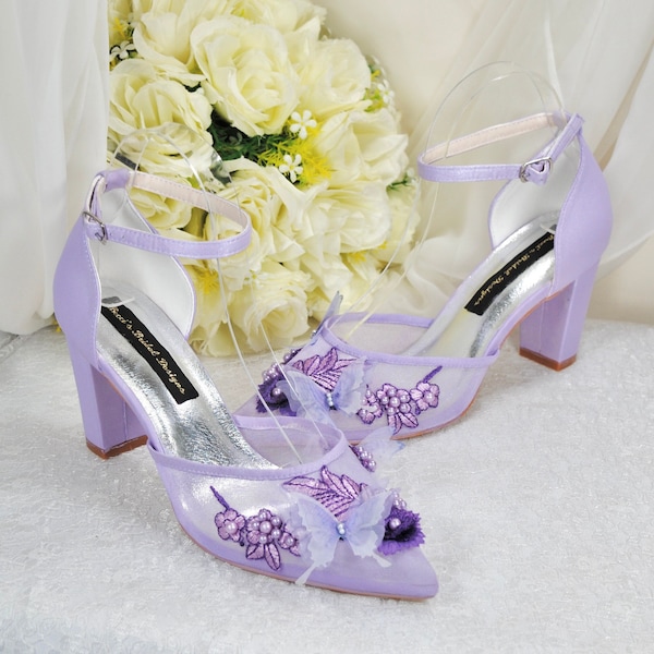 Wedding Sandals for Bride - Lilac Purple Wedding Shoes - Bridal Shoes Block Heel - Ankle Strap - Bride Shoes with Butterflies