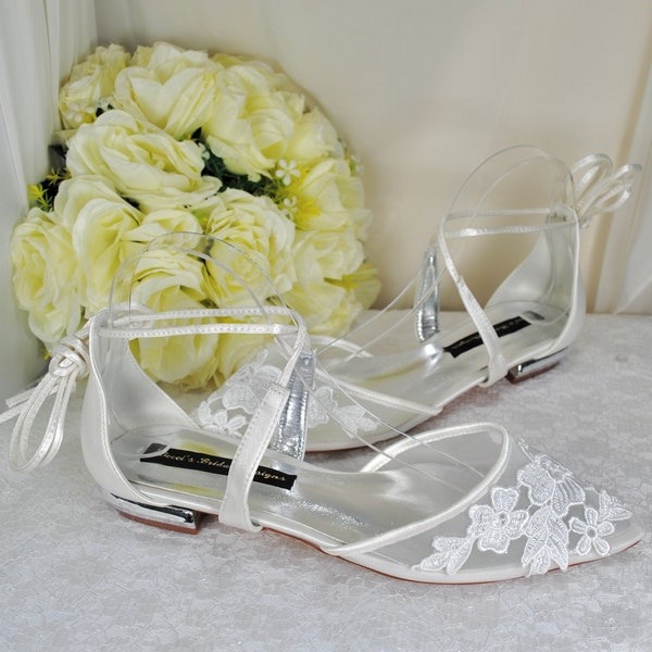 Flat Sandals Floral Embroidered lace Bridal Shoes with Ankle Tie Flat Wedding Shoe for Bride Bridesmaid Hen Do Engagement Party Summer Bride