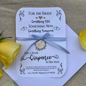 Recuerdo de boda Sixpence 'Algo viejo, nuevo...' Moneda de zapato del día de la boda de la novia. Auténtico recuerdo de seis peniques de plata y poema. Regalo perfecto. imagen 2