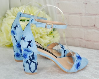 Blue Suede Bridal Sandals: Embroidered Floral Block Heel Wedding Shoes